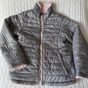 North Face Reversible Mossbud Swirl Puffer Coat Jacket Zip Gray Pink Girls L 14
